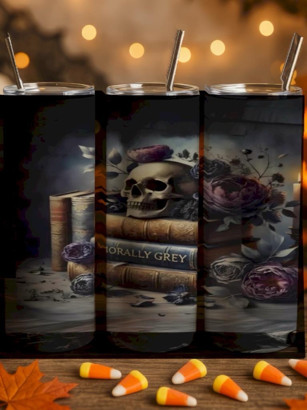 Skull & Roses Bookstack Stainless Tumbler - Gothic Floral